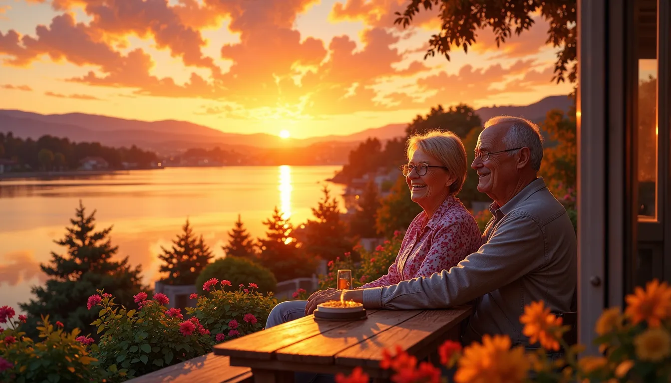 Glückliches älteres Paar sitzt entspannt auf Terrasse mit Blick auf Sonnenuntergang, warm, hoffnungsvoll, Ruhestand genießen