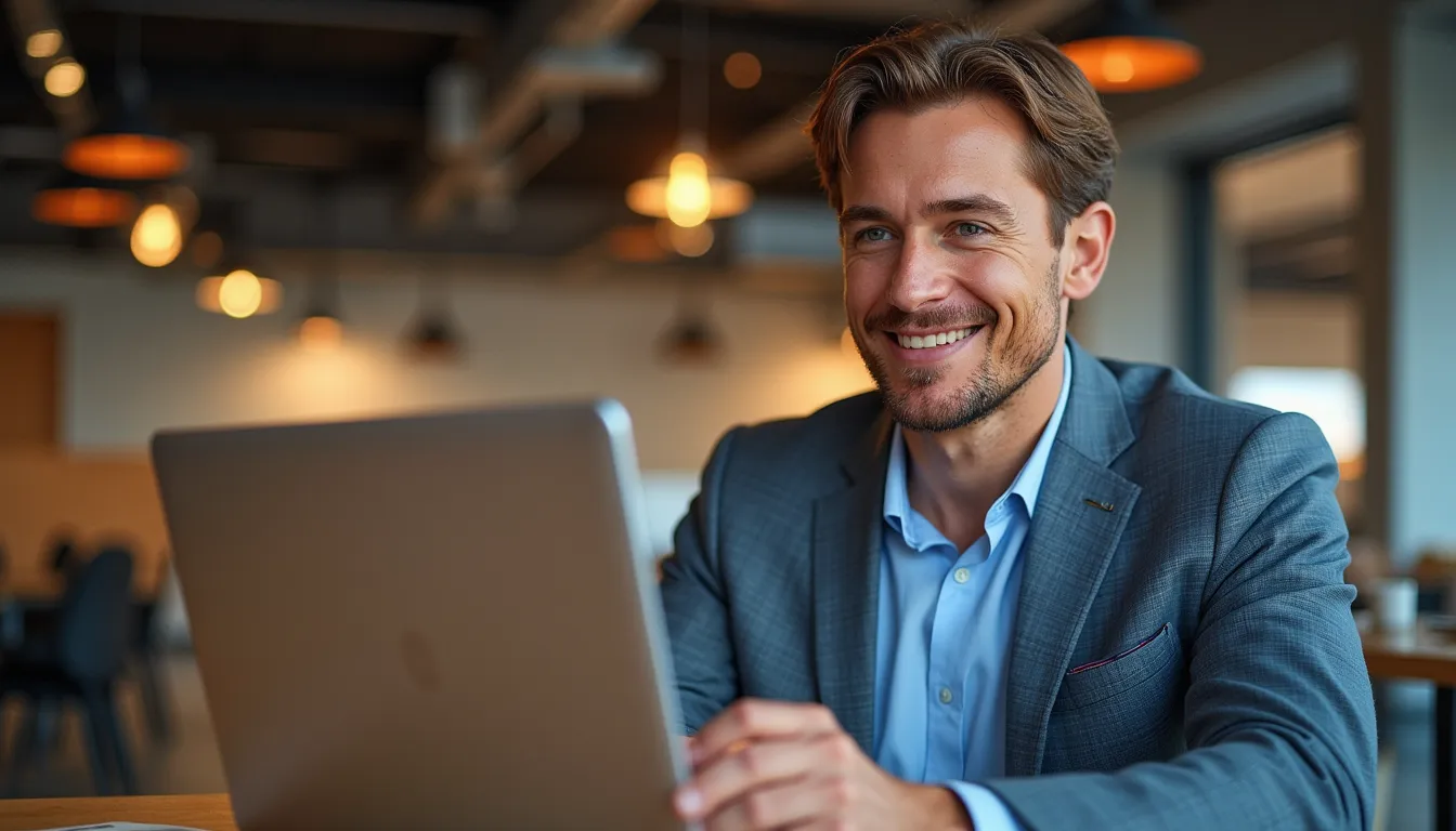 Selbstbewusste Unternehmerin mittleren Alters in modernem Büro, arbeitet am Laptop, warm beleuchtet